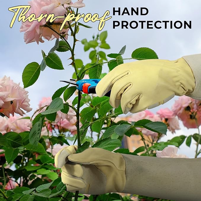 HANDLANDY Rose Pruning Gardening Gloves for Men Women, Thorn Proof Forearm Protection Leather Garden Gloves, Gardening Gifts for Gardeners (Beige- goatskin, Medium (Pack of 1))