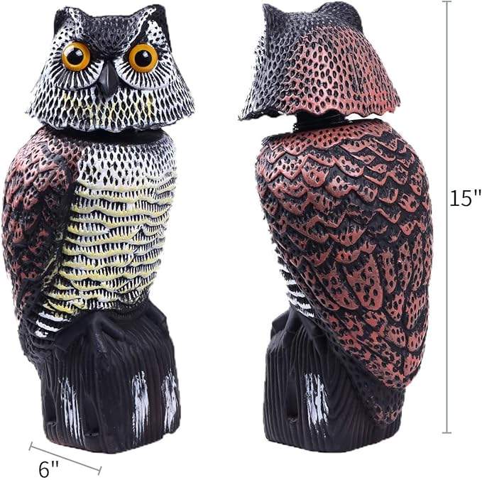 Owl Decoys to Scare Birds Away with Rotating Head,Natural Enemy Bird Deterrent Realistic Eyes & Waterproof Shape Fake Owl Scarecrow Bird Control