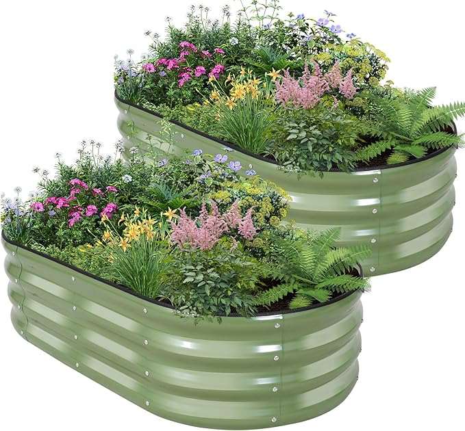 Galvanized Raised Garden Bed - 4×2×1ft (2 Packs) Planter Raised Beds for Gardening | Oval Metal Garden Planter Box with Safety Edging and Gloves for Vegetables Fruits and Flower OliveGreen