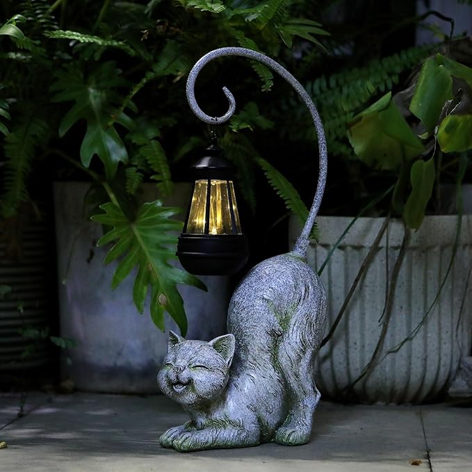 Laughing Cat Figurine with Solar-Powered LED Light, 15.7 Inches Tall Marble, Perfect for Gift Garden Decor or Housewarming for Cat Lovers.