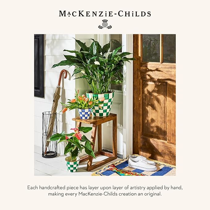 MACKENZIE-CHILDS Enamel Garden Pot, Decorative Pot for Plants, Outdoor Flowerpot Decor, Small, Green-and-White Emerald Check
