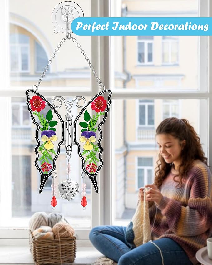 KY&BOSAM Butterfly Suncatcher God Bless My Mother-in-Law Gift Stain Glass Suncatchers for Window Hanging Wind Chime Home Ornament Mom Gift for Mother`s Day Valentine's Birthday Thanksgiving Christmas