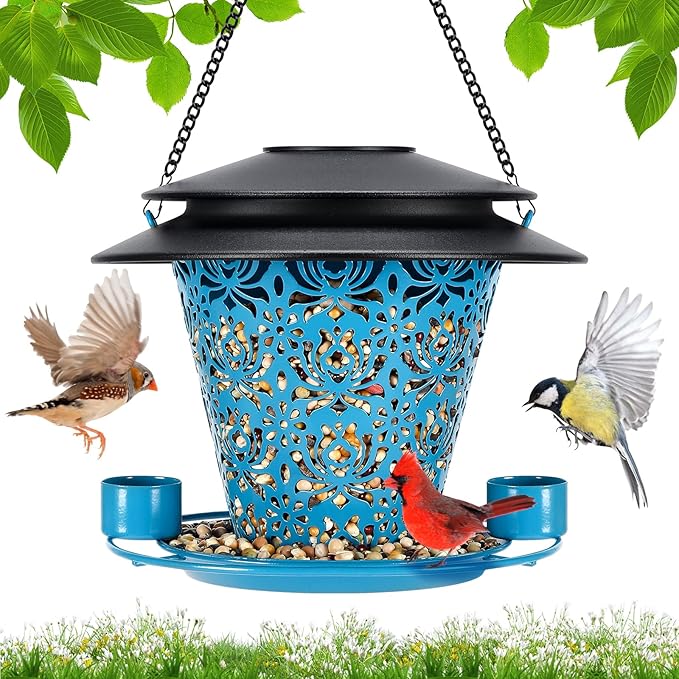 Solar Bird Feeders for Outside Hanging Metal Wild Bird Feeder Solar Lanterns Outdoor Waterproof Garden Decor for Yard Blue