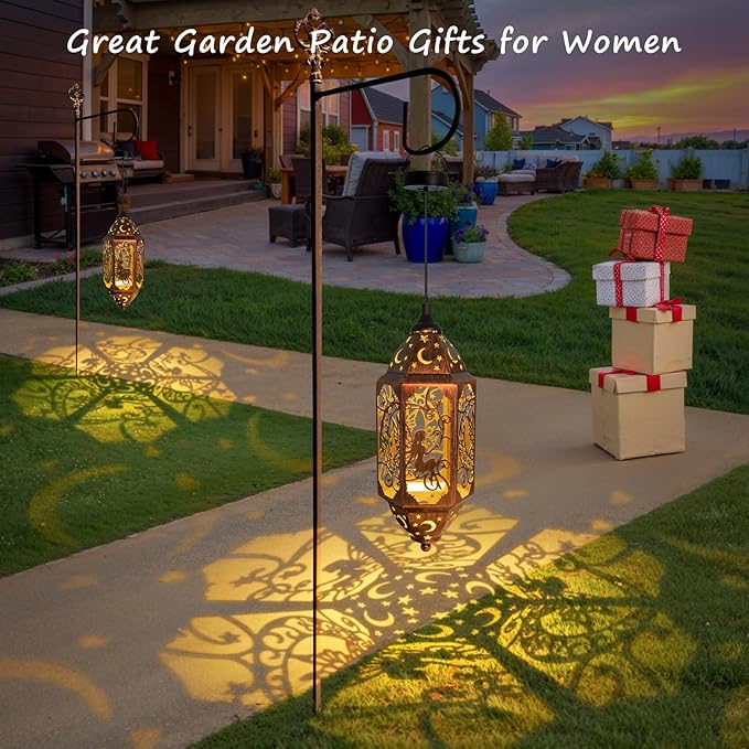 Go2garden 12.4" Outdoor Solar Lanterns Waterproof Garden Gifts Women, Moon Fairy Statue Solar Haning Lights for Patio, Yard Decorations, Mothers Day Gifts for Mom, Grandma(2Pack, Red Copper)