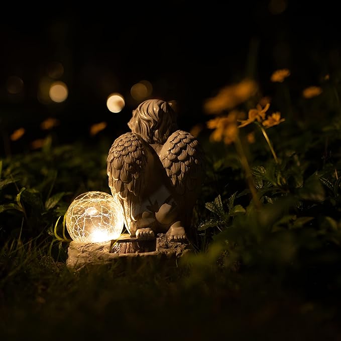 Angel Decor Praying Cherubs Statue, Garden Decor with Solar Crackle Glass Globe for Lawn Patio Decorations