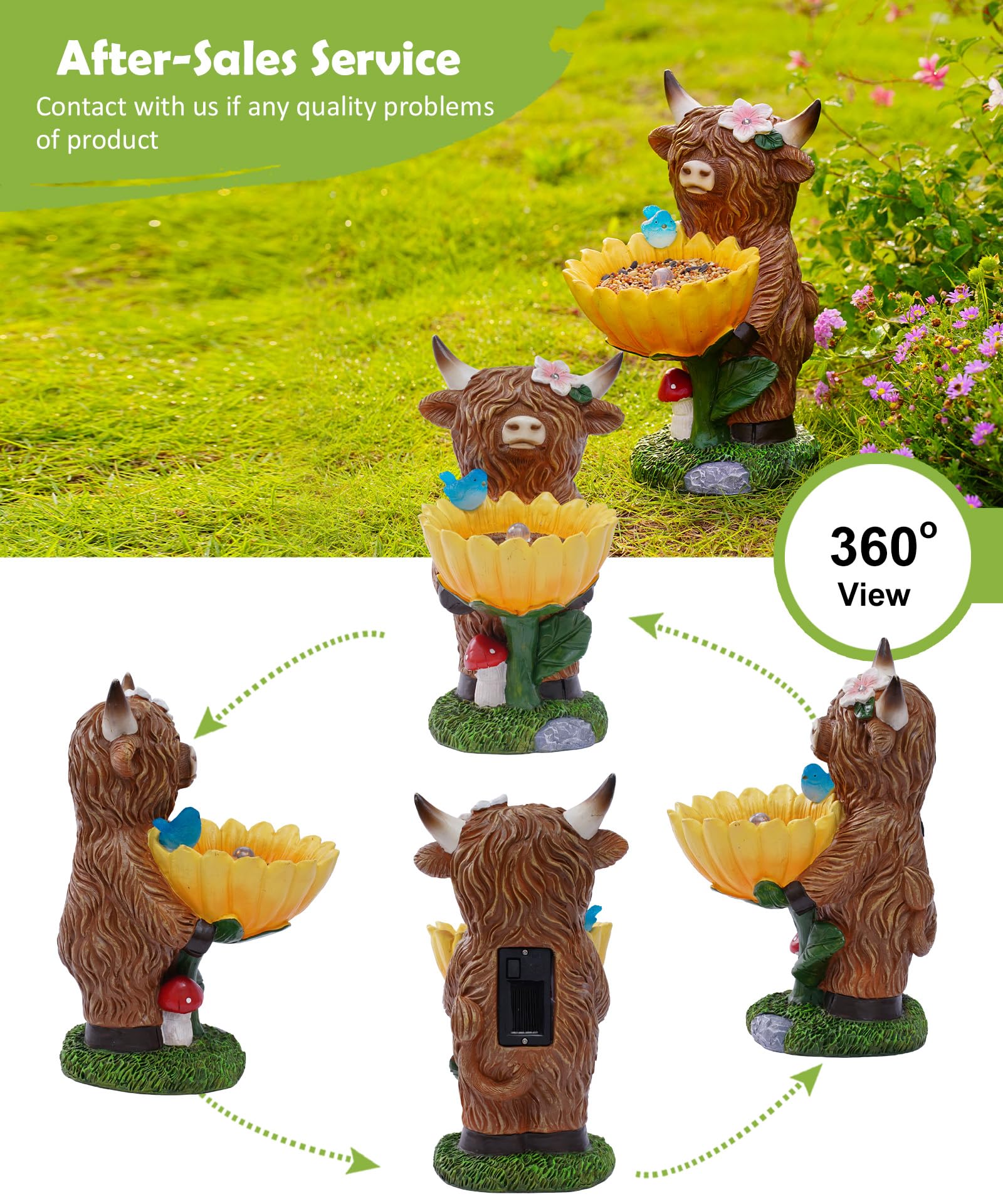 Nacome Solar Highland Cow Garden Decor Outdoor Statue Brown Realistic