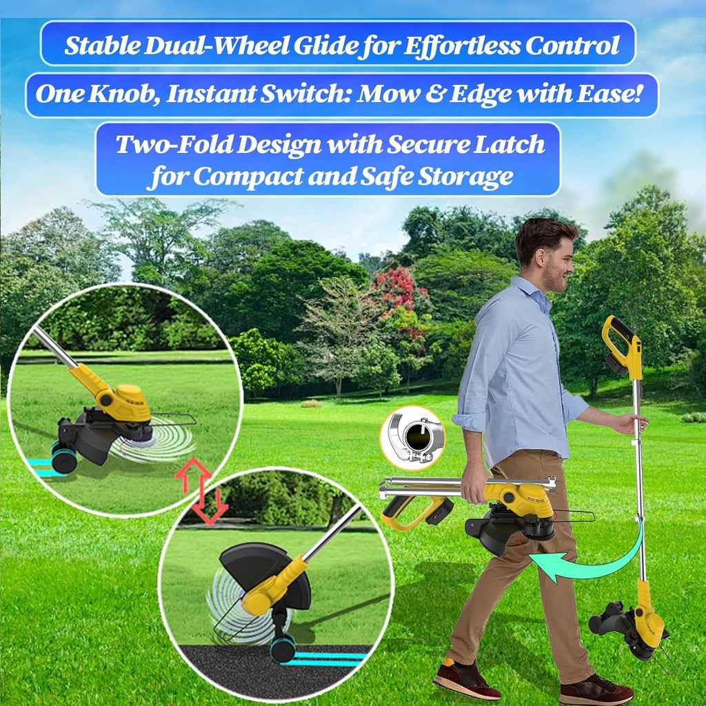 20000 RPM(4.0AhX2) Electric Weed Wacker,Dual-Durable-Line,Metal Blades,Wheel,4-in-1 Battery Powered Weed Eater Cordless+String Trimmer+Edger Lawn Tool+Brush Cutter,Weed Whacker,Weed Trimmer Lawn