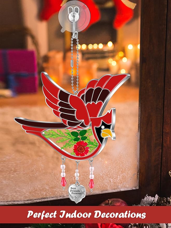 KY&BOSAM Best Friend Forever Cardinal Suncatcher Gifts for Friend Hand-Painted Garden Ornament Hanging Wind Chime with Pressed Flower Cardinal Embedded in Glass Mother`s Day Birthday Christmas