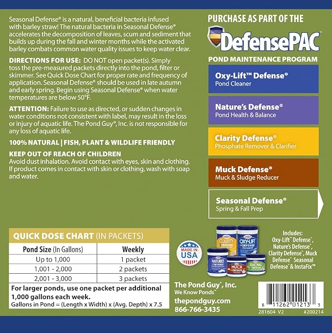 The Pond Guy Seasonal Defense, Spring & Fall Beneficial Bacteria, Barley & Enzymes, Cold Water Pond Sludge & Scum Treatment, Fish & Plant Safe, 96 Packets