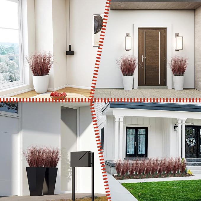 48Pcs Artificial Grass Plants, Faux Shrubs Wheat Grass, Artificial Tall Grasses Fake Plants for Outdoor Decor,Artificial Greenery Stems Weed for Room Indoor Home Decor（Red）