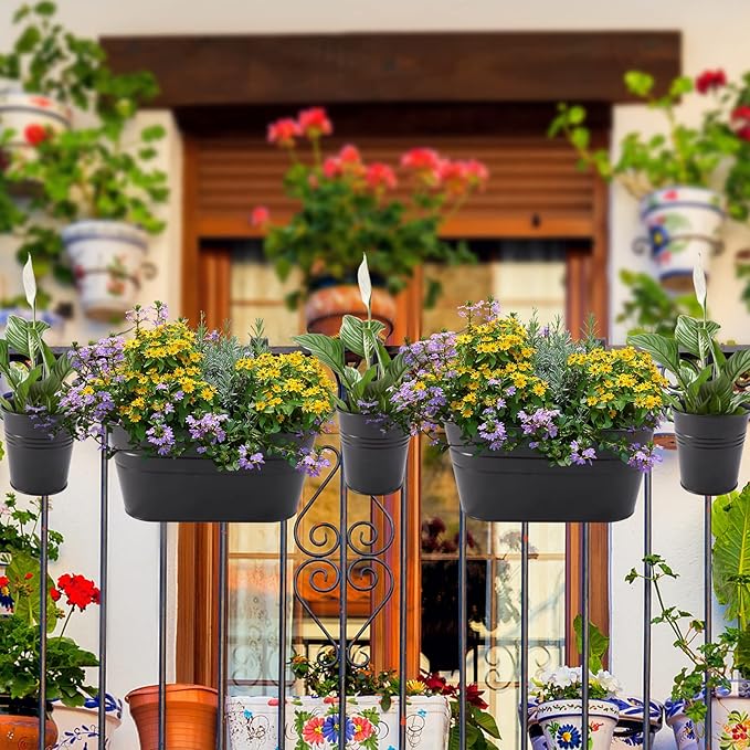 Metal Iron Flower Pots for Railing Fence Hanging Bucket Pots(5 Pcs) and Hanging Flower Pots Metal Iron Bucket Planter(10 Pcs) (Black)