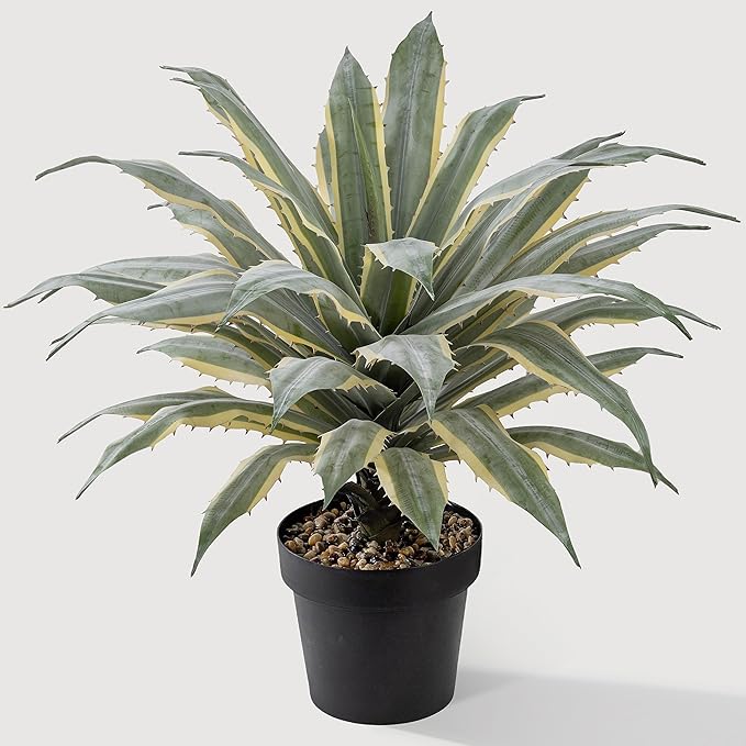 SUNPRAIRIE 32 Inch Tall Large Faux Agave Plant with Two-Tone Sawtooth Edged Leaves; Planted in Black Pot with Real Stone Pebbles. Large Artificial Plants Indoor and Outdoor.
