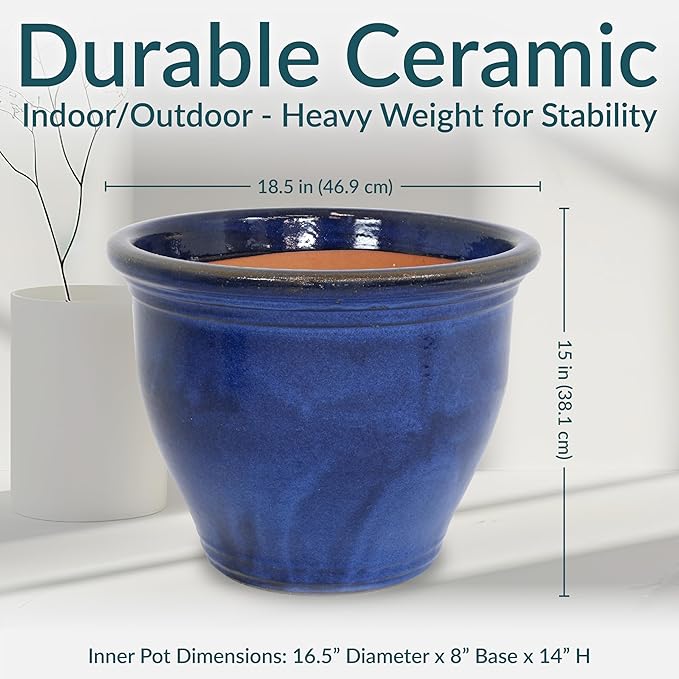 Sunnydaze 18.5" Large Ceramic Plant Pot - Round Outdoor Glazed Ceramic Planter Pot with Drainage - Imperial Blue - Studio