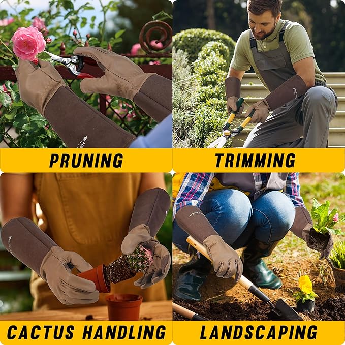 HANDLANDY Long Gardening Gloves for Men & Women, Cowhide Leather Rose Pruning Gloves- Breathable & Durable Gauntlet Glove (Medium, Brown)