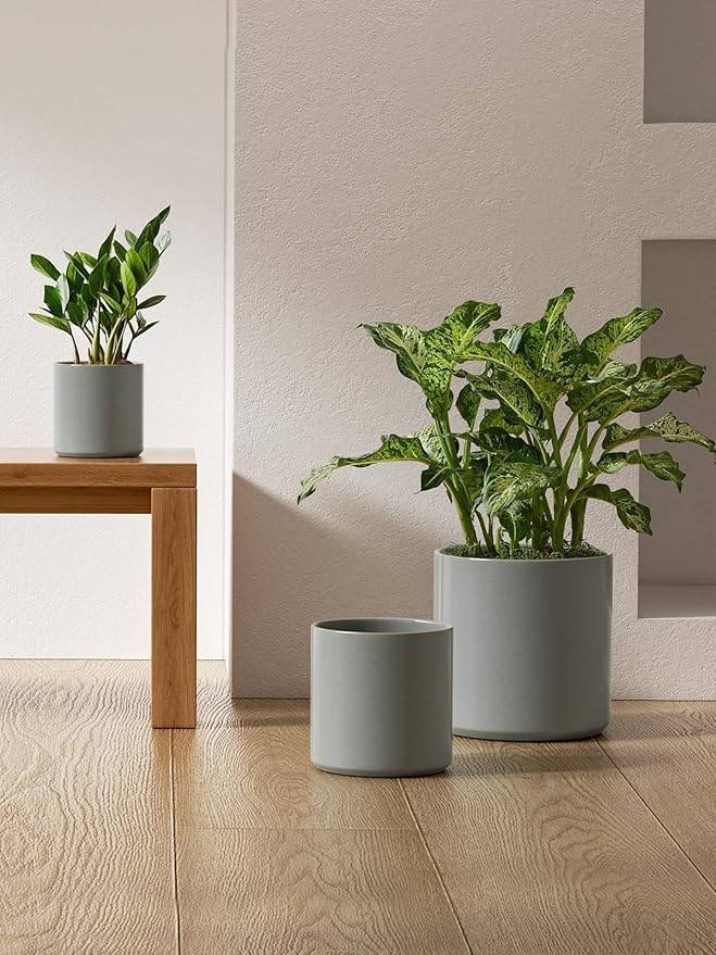 LE TAUCI Ceramic Plant Pots Indoor, 10+8+6 Inch Planters for Indoor Plants, Mid-Century Modern Flower Pots with Drainage Hole and Plug, Cylinder Round Planters, Set of 3, Blue Gray