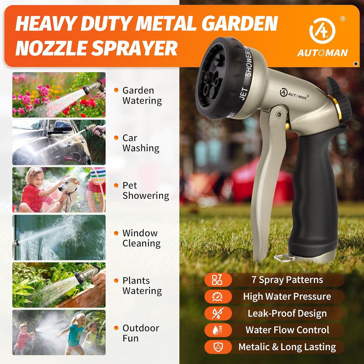 Pattern Sprayer AUTOMAN Garden Hose Nozzle - 7 Patterns Sprayer, 100% Metal High Press ...