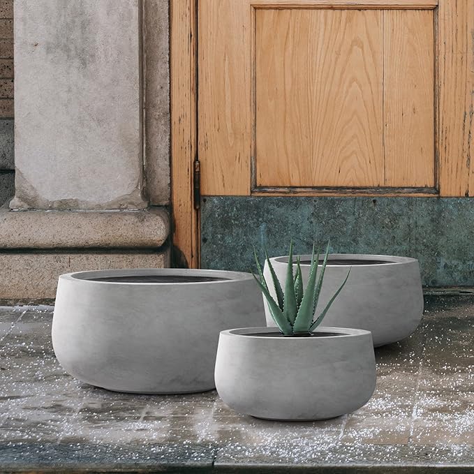 Kante 19.6",15.7",11.8" Dia Round Concrete Planters Set of 3, Outdoor Indoor Garden Plant Pots with Drainage Hole and Rubber Plug, Modern Curvaceous Design, Natural Concrete