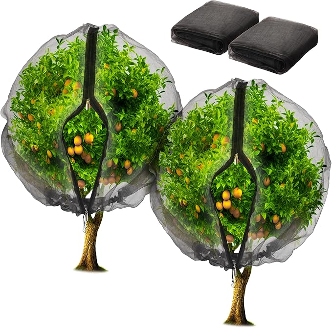 2 Pack Fruit Tree Netting Bags with Zipper and Drawstring, 8 x 8ft Ultra Fine Mesh Garden Netting Plant Cover, Bird Netting for Blueberry Bushes, Fruit Trees, Flowers (Black, 8 x 8 ft)