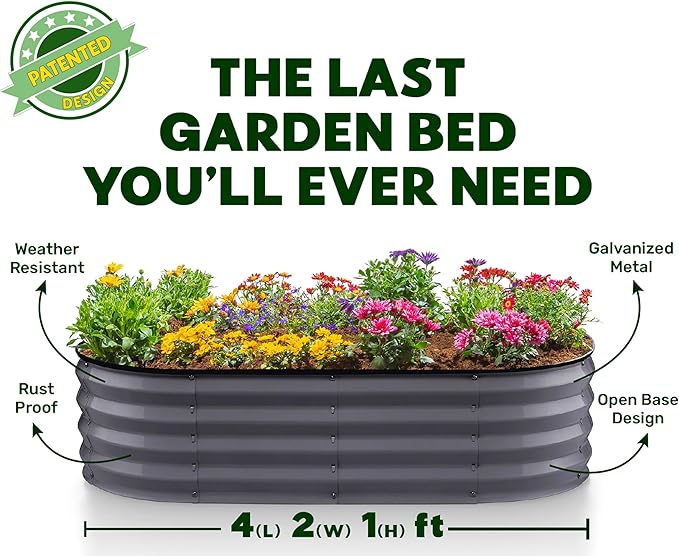 Galvanized Raised Garden Beds Outdoor // 4×2×1 ft Planter Raised Beds for Gardening, Vegetables, Flowers // Large Metal Garden Box (Gray) // Patent Pending Tool-Free Assembly