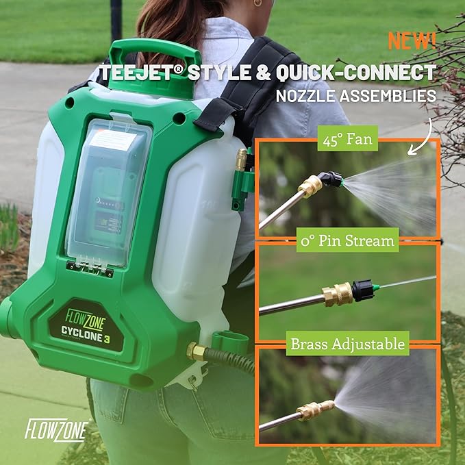 FlowZone Cyclone 3 Battery Powered Backpack Sprayer - Variable-Pressure 5-Position Electric Sprayer Compatible with FlowZone, De-Walt, Milwaukee, Makita, & Bosch Batteries (Battery Not Included)