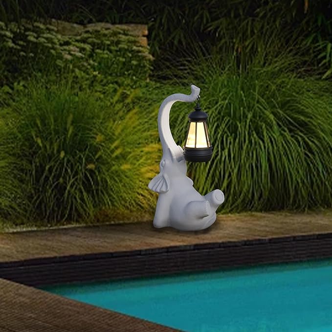 Statue Decoration, Figurine, Lawn Statue, Sculpture Ornament, Animal Figurine - Elephant Resin Statue with Lantern (Hand-JD Face Upward-JD)