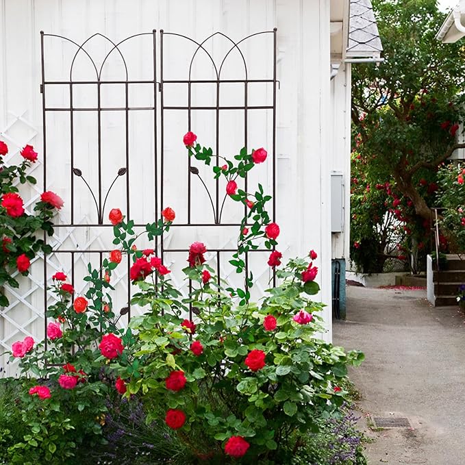 4 Pack Metal Garden Trellis 71" Black Fence Rustproof Garden Trellis for Climbing Plants Support Roses Flower Outdoor Lawn, Brown
