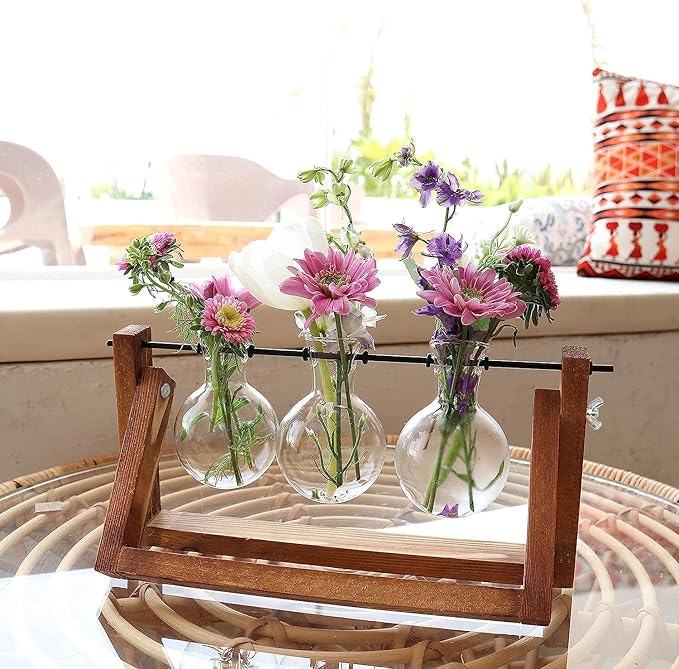 Ivolador Plant Propagation Station,Bulb Plant Terrarium with Wooden Stand,Unique Gardening Gifts for Women Plant Lovers,Hydroponic Indoor Planter Home Office Garden Wedding Decor-3 Bulb Glass Vases