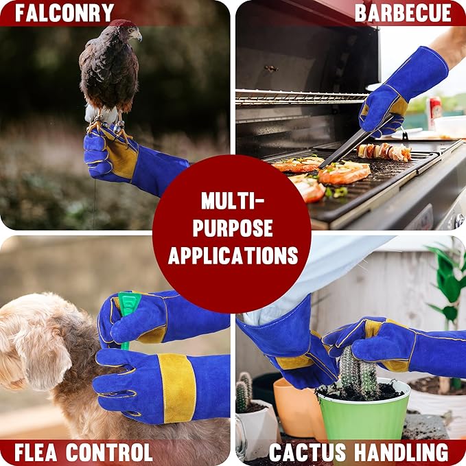 HANDLANDY Animal Handling Gloves, Falconry Cat Glove Bite Proof, Thorn Proof Rose Pruning Gardening Gauntlets (Royal blue, 14 Inches)
