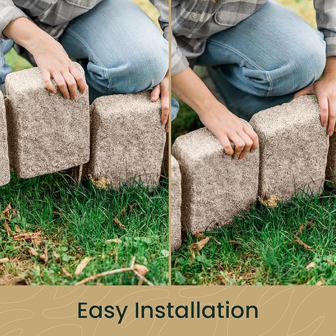 Beuta Landscape Edging | Garden Edging Border | Faux Stone Block XL for Lawn Edging, Flower Beds & Yard Edging – 4 Pack | Each Section Has 6 Blocks 48" L x 4" W x 9.5" H | 12 Spikes | Cobblestone