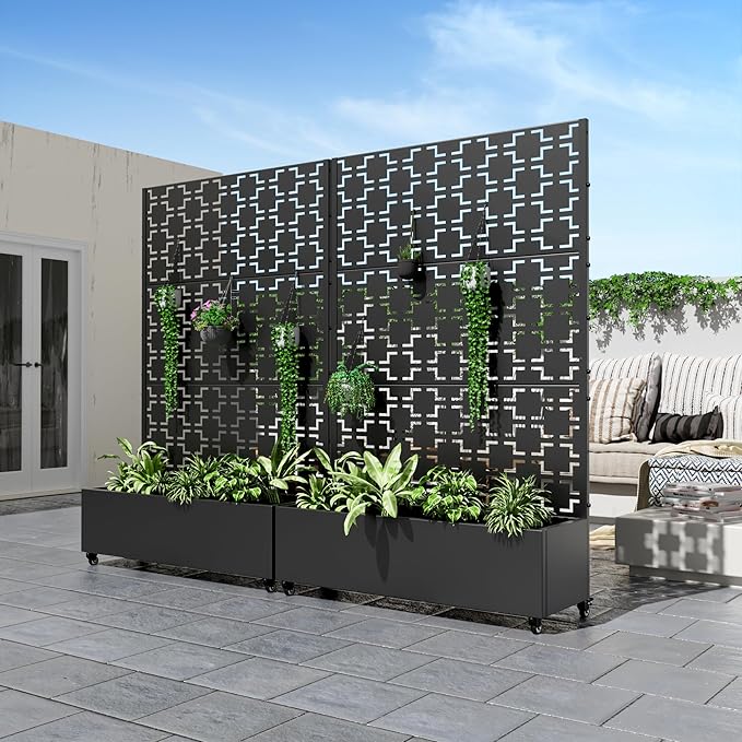 Casaphoria Metal Raised Garden Bed with Trellis and Wheels, 72"x47"x16" Planter Box for Climbing Plants, Vegetables & Vines, Features Drainage Holes and Privacy Screen (Black-Brick)