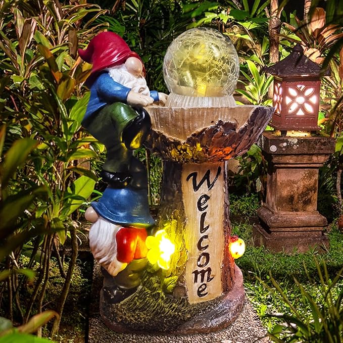 Garden Gnome Statues, Garden Statues for Outside with Solar LED Lights, 10.4 in Funny Double Gnomes Sculptures Outdoor Decorations for Yard, Ideal Gnomes Gifts for Women/Mom/Grandm