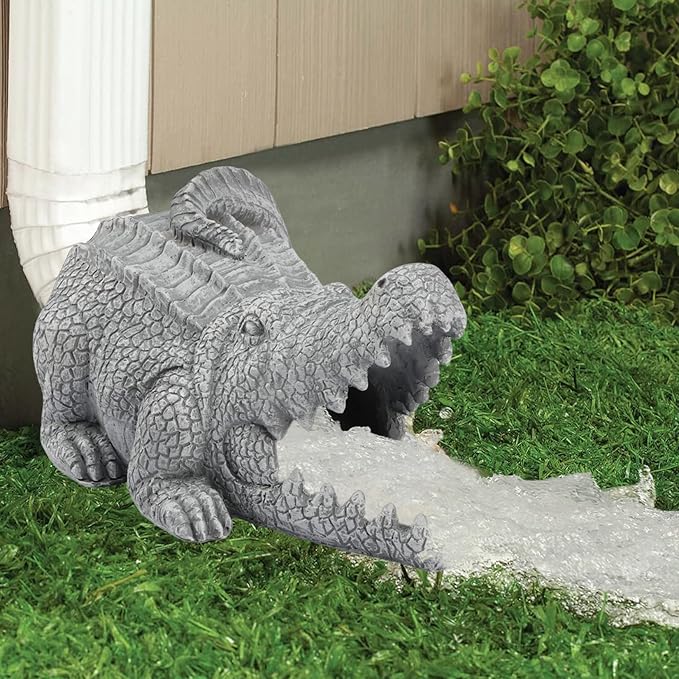 Elenon Crocodile Decorative Gutter Downspout Extension Statue, Gutter Guardian Rain Downspout Extender, Garden Splash Block Outdoor Sculpture for 3" × 4" Down Spouts Decor