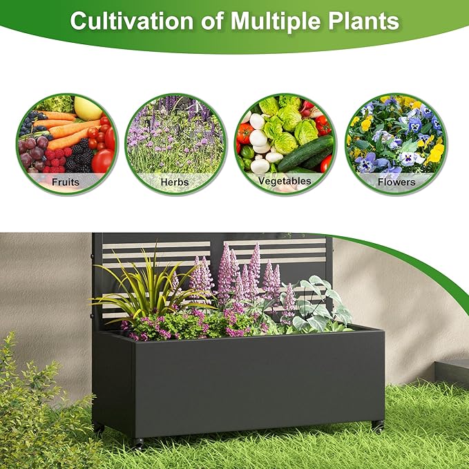 Casaphoria Metal Raised Garden Bed with Trellis and Wheels, 72"x47"x16" Planter Box for Climbing Plants, Vegetables & Vines, Features Drainage Holes and Privacy Screen (Black-Spring)