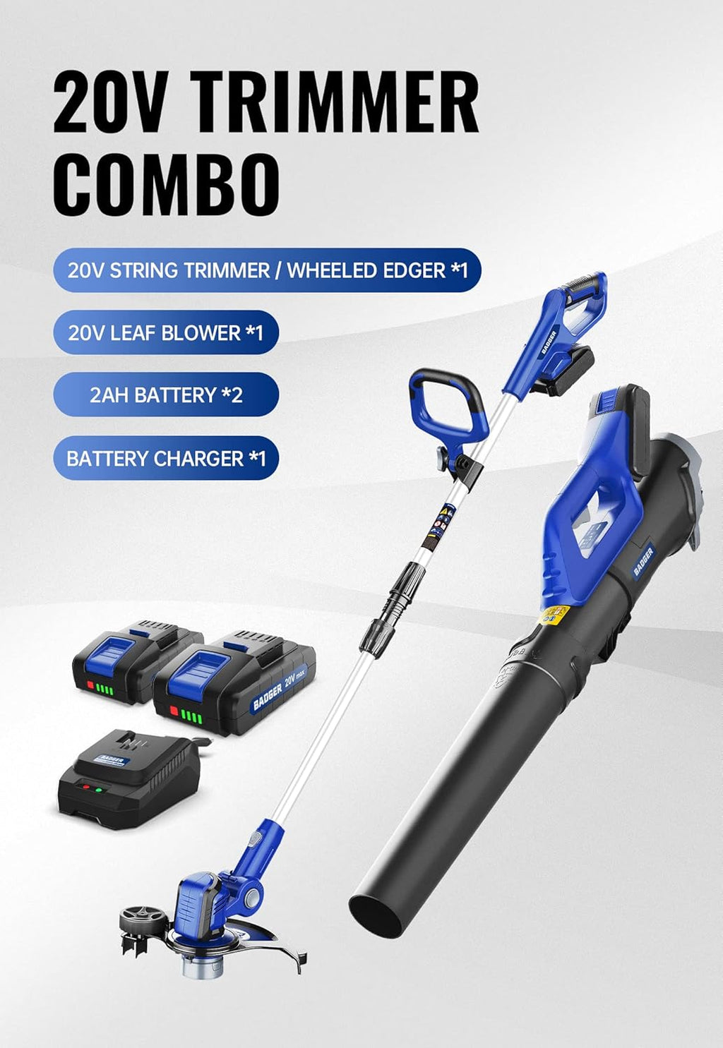 WILD BADGER POWER 20V Weed Wacker, Leaf Blower, Wheeled Edger Kit Electric with 2 * 2Ah Battery & Charger, String Trimmer, Lightweight, Adjustable Telescopic Shaft, Fast-Charging