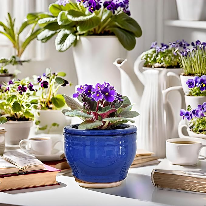African Violet Pots Self Watering Round Ceramic Violet Pot (Blue, 6 inch)