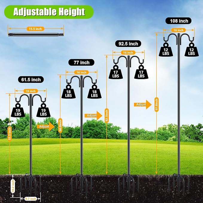 Gtongoko Double Shepherds Hook for Outdoor, 61.5 Inch Heavy Duty Bird Feeder Pole 3/4 Inch Thick Garden Hooks for Hanging Hummingbird Feeder, Plant Baskets, Solar Light Lanterns, 1 Pack