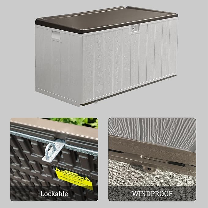 110 Gallon Pro Outdoor Storage Box, Waterproof Resin Deck Box for Patio, Pool, and Garden, Lockable Bin for Cushions, Tools, and Accessories, UV-Resistant, Grayish Brown