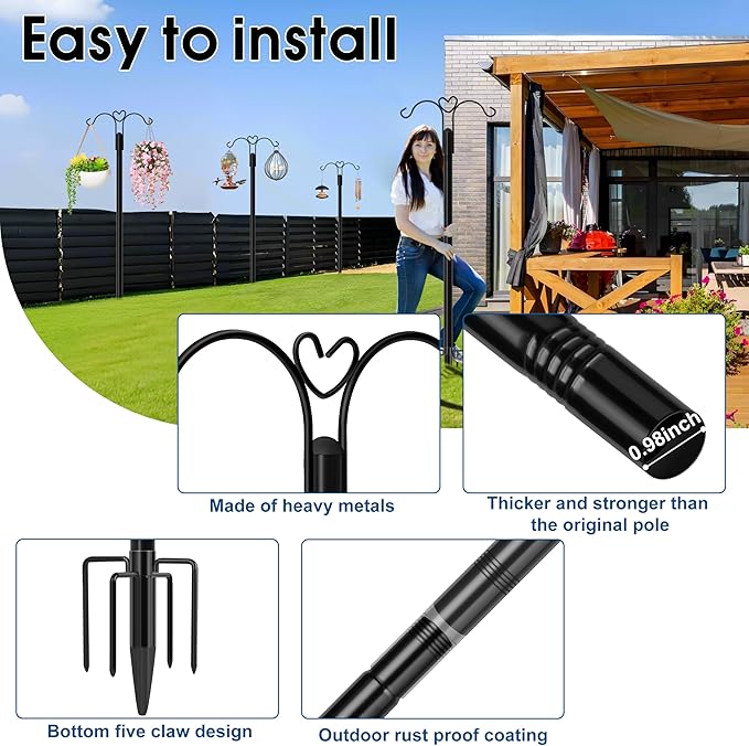 Ottsuls Bird Feeder Pole, 2 Pack 76 INCH Double Shepherds Hooks for Outdoor, with 5 Base Prongs Heavy Duty Tall Garden Planter Hooks for Hanging Flower Basket, Lantern, Hummingbird Feeder