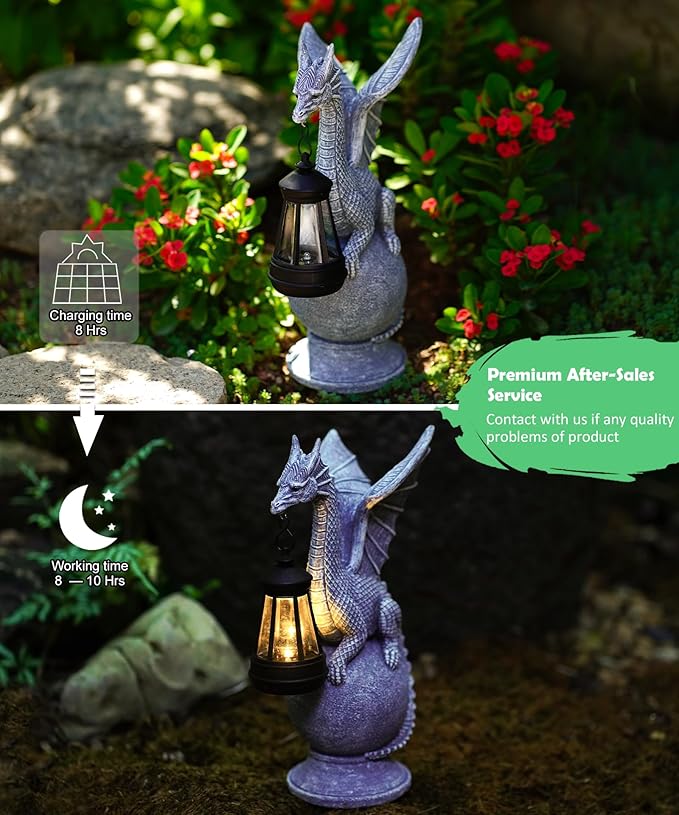 Dragon on Ball with Solar Lantern Statues: Garden Decor Outdoor Decorations Art Figurine for Patio Balcony Yard Lawn