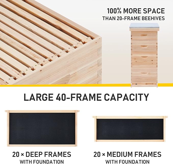 CREWORKS Bee Hive Boxes Starter Kit, Langstroth Beehive for Bee Keeping, 4 Layer Bee House with 20 Medium and 20 Deep Frames & Foundations, Beekeeping Supplies with Plastic Queen Excluder and Nails
