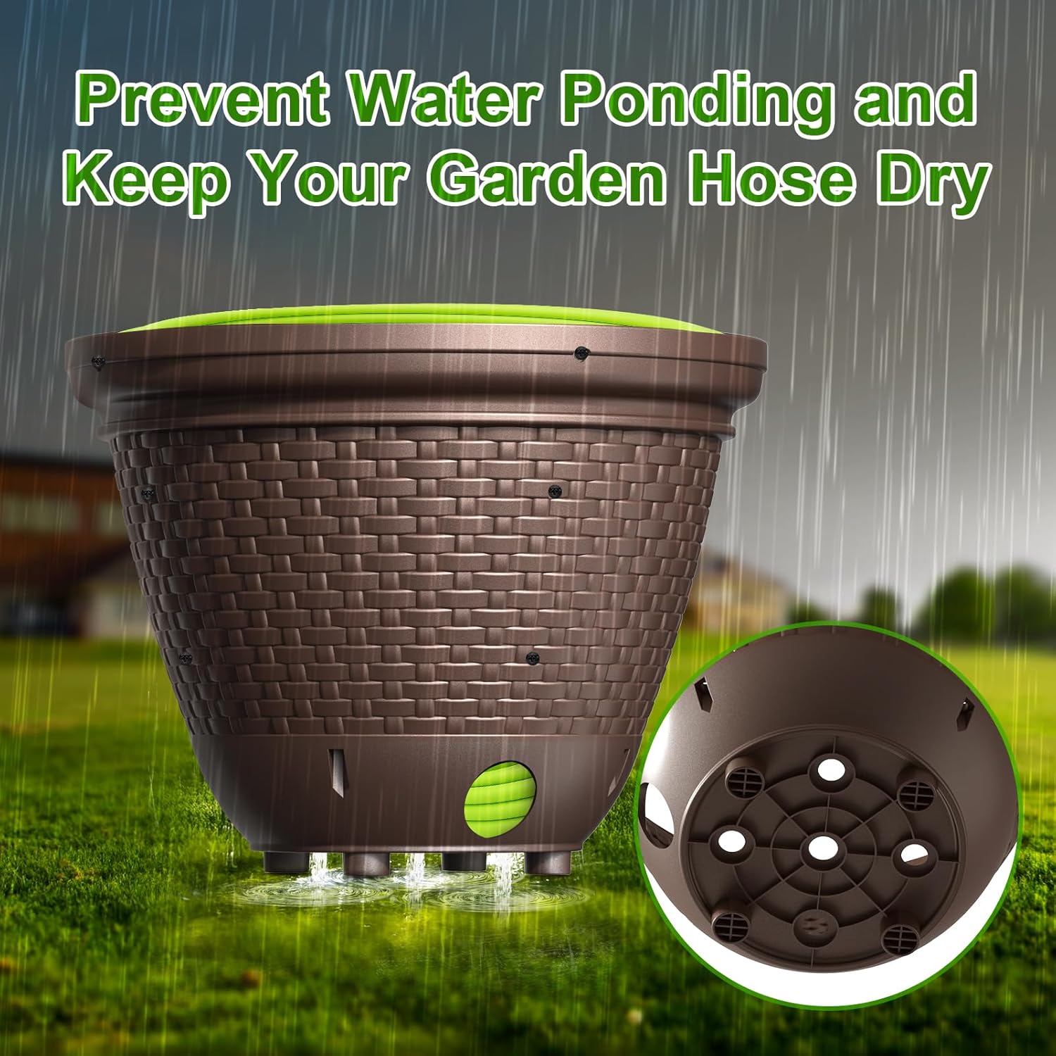 Riokko Garden Hose Holder Pot, Decorative Wicker Hose Holder, Water Hose Storage for Outside/Garage, Hose Box Fits 100-400 FT Hoses with 5 Drain Holes, Large Capacity & Assembly Required, Java