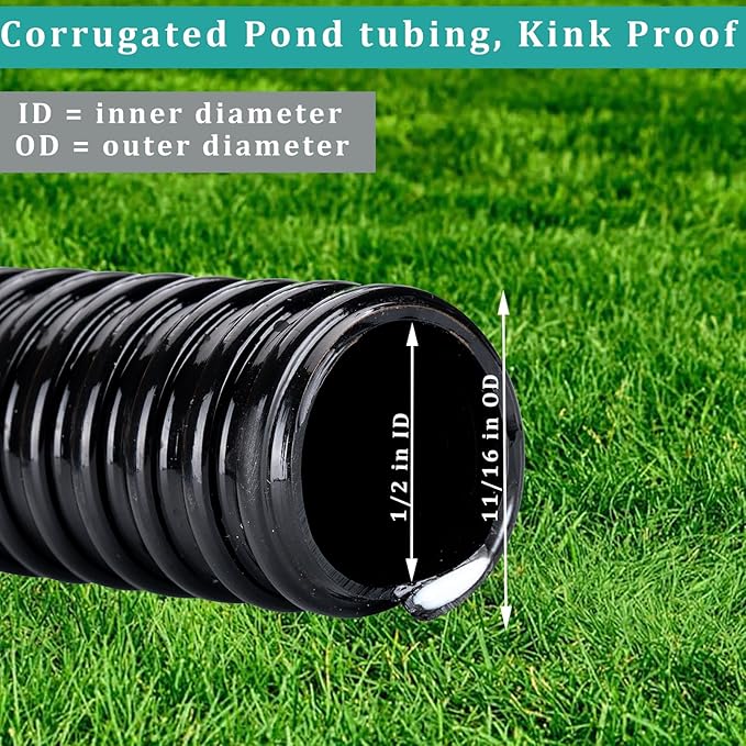 Pond Hose ID 1/2” × 25ft Black Corrugated Flexible Reinforced PVC Hose Vinyl Tubing for Pond Pump Fountain Garden Waterfall, Non-toxic & Kinkproof, with 2 clamps
