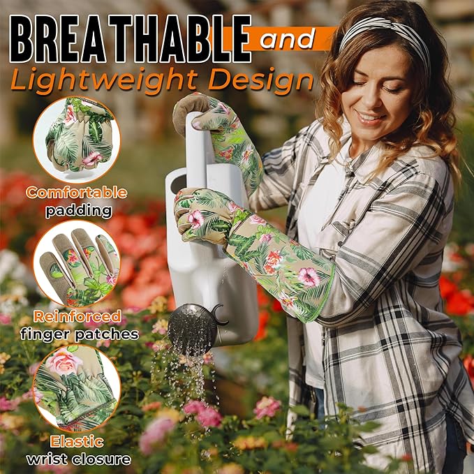 HANDLANDY Leather Gardening Gloves for Women, Thorn Proof Breathable Ladies Rose Pruning Garden Gauntlet Yard Gloves, Gift for Gardeners (Khaki, L)