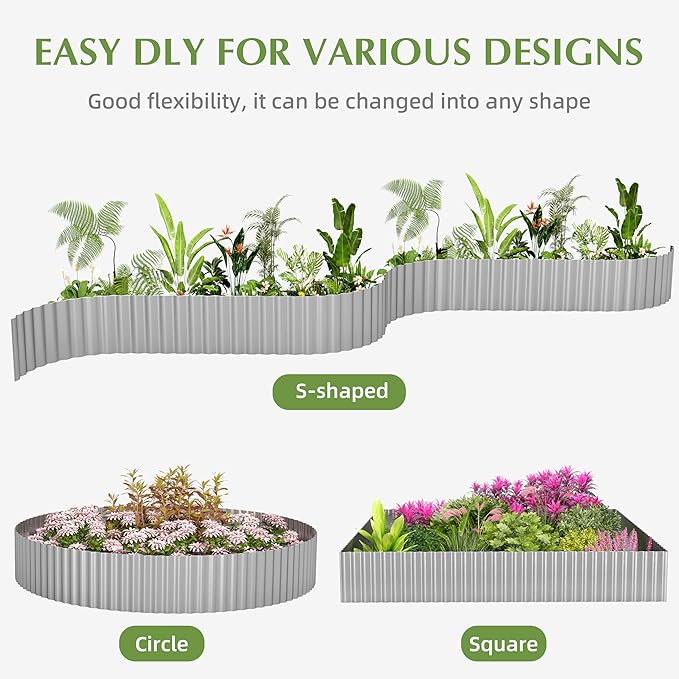Metal Garden Edging Border, Corrugated Steel Landscaping, DIY for Lawn (Silver, 8 Inch x 20FT)