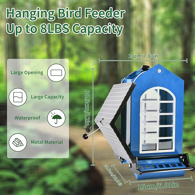 Bird Feeder Squirrel Proof Metal Hanging for Outdoor Wild Bird Seed, 5LBS with Bilateral Weight-Activated Perches, Heavy Duty Bird Feeders for Outside Wild Bird - Blue