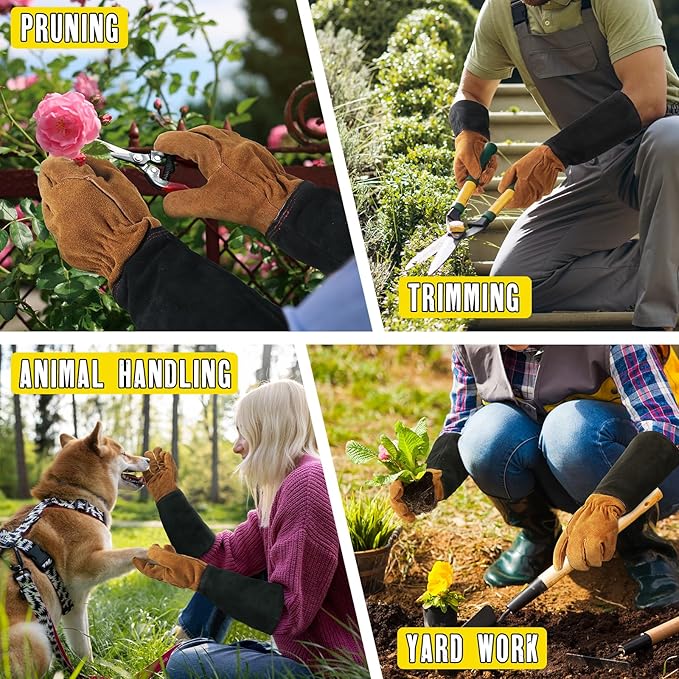 HANDLANDY Leather Gardening Gloves for Men & Women, Rose Pruning Thorn Proof Garden Glove, Long Sleeve Gauntlet Gloves (Black-brown, Large (Pack of 1))