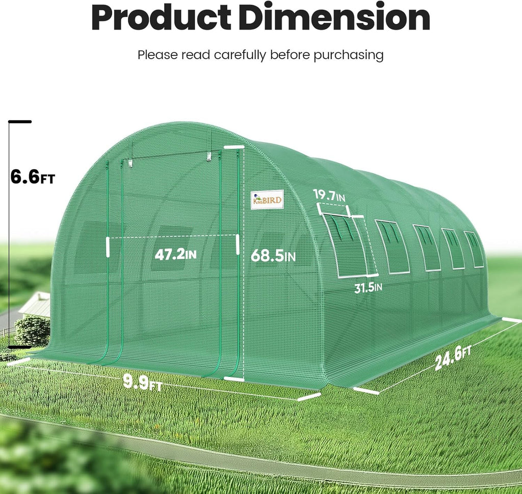 KING BIRD Premium 25x10x6.6FT Greenhouse for Outdoors, Large Walk-in Heavy Duty Galvanized Steel Frame, Mesh Door Screen Window Upgraded Zipper Tunnel Hoop for Garden Plant Winter, Green