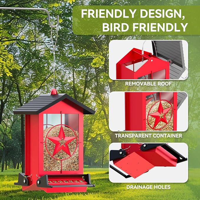 Squirrel Proof Bird Feeder for Outdoors Hanging, Metal Wild Bird Seed Feeder with Bilateral Weight-Activated Perches, 5LB Large Capacity Wild Bird Feeders for Outside Finch, Cardinal, Blue Jay