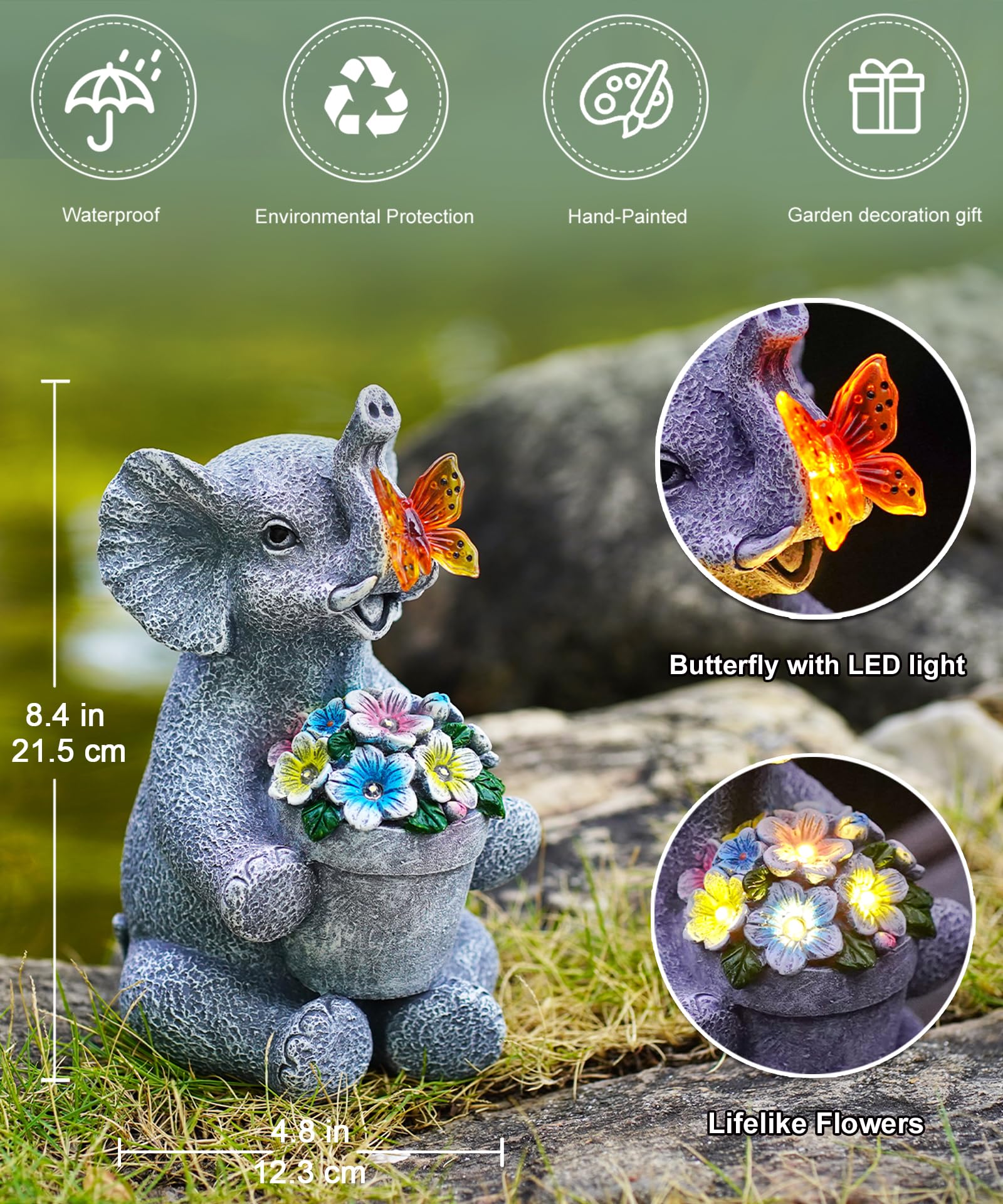 Acgarten Solar Elephant Statue Outdoor Garden Decor Porch Patio Lawn Light