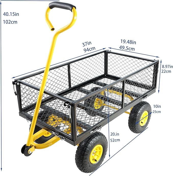Wagon Removable Sides - Farm, Warehouse, Yard Dump Cart - Yellow+Black Air Wheels